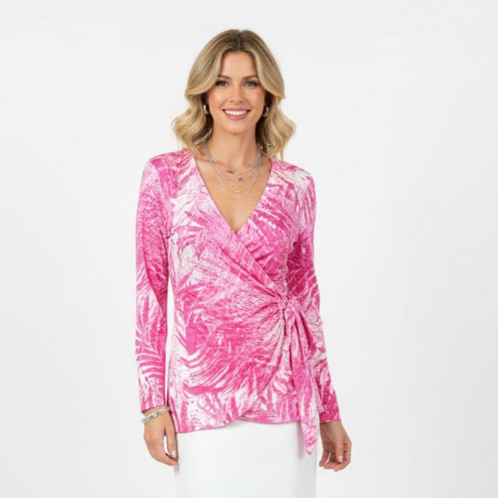 Bylyse 100% Linen Pink & White Print Wrap Mini Long Sleeve Tunic Top NEW S